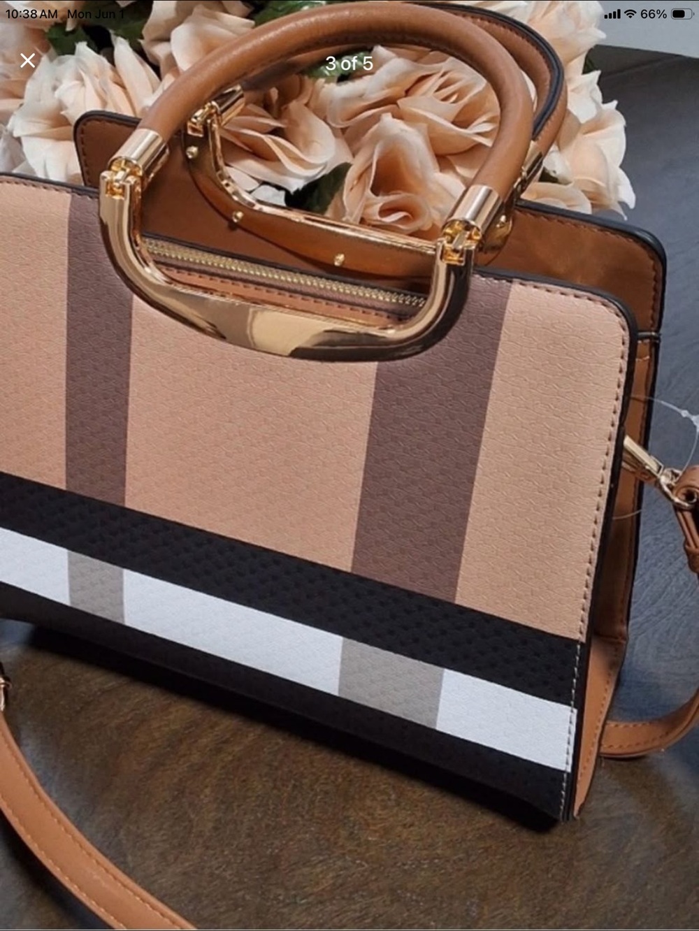 Vegan Approved Structured Stripe Top-Handle Satchel in Taupe and Tan - Picture 5 of 5